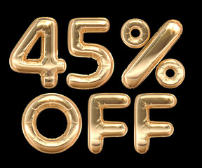 Obraz premium 45% off Golden text isolated on white background. Off 45 percent. Sales concept. 3d illustration 