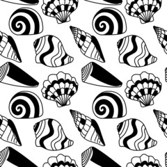 Seamless pattern with abstract shells black outline on white.