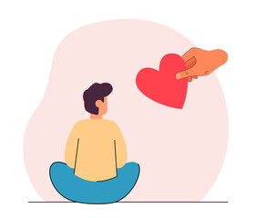 Back view of little boy sitting and hand holding heart. Person adopting child flat vector illustration. Charity, love, care, family, adoption concept for banner, website design or landing web page