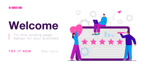 Company people studying analytics and customer feedback. SEO management, digital marketing flat vector illustration. Brand reputation, social media concept for banner, website design or landing page