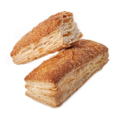 puff pastry bread sticks sprinkled sugar whole and cut on white background isolated