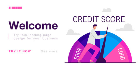 Businessman pushing credit score speedometer from poor to good. Tiny person improving personal credit history with efforts flat vector illustration. Business reputation of customer, loan concept