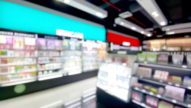 blurred view of modern beauty salon interior. different cosmetics products displayed on shelves. blurred image of cosmetic shop. Cosmetic shop background.