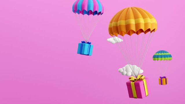 Gift boxes parachuting through the clouds with a pink sky background.