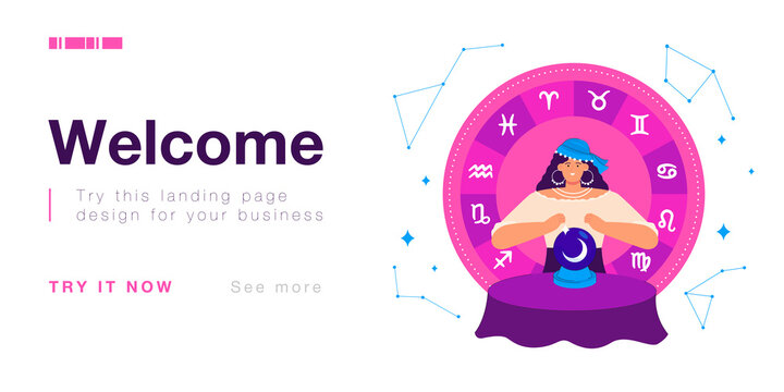 Fortune seer predicting fate with astrology and crystal ball. Magic female fortuneteller telling about future, clairvoyant sitting at table flat vector illustration. Superstition, mystery concept