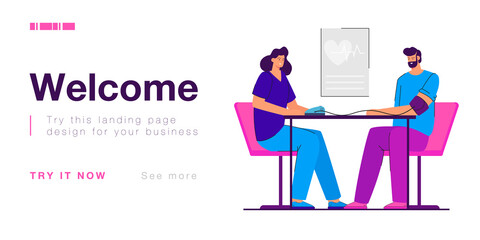 Cartoon cardiologist taking blood pressure of sick man in office. Doctor or physician with patient in medical room in hospital or clinic flat vector illustration. Cardiology, health concept for banner