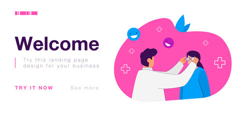 Doctor ophthalmologist giving eye glasses to girl. Male optometrist examining little kid in hospital flat vector illustration. Ophthalmology, pediatric medical appointment for children concept