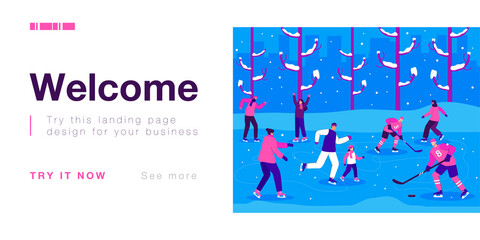 Ice rink with people skating and playing hockey. Adults and children having fun in winter flat vector illustration. Sports, family, winter, outdoor activity concept for banner or landing web page