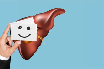 A happy face icon on liver. A symbol of a healthy, protected from liver diseases