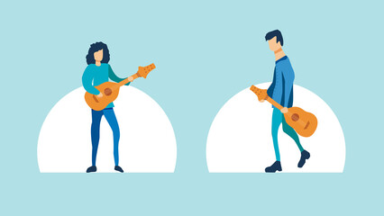 flat cartoon character of man with guitar
