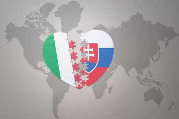 puzzle heart with the national flag of slovakia and italy on a world map background. Concept.
