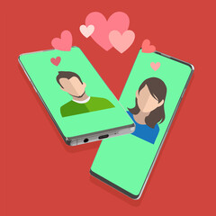 Ilustration app for dating, virtual people & relationship or dating. female and man on a screen. love heart internet & in social media. choose your one tinder 