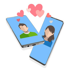 Ilustration app for dating, virtual people & relationship or dating. female and man on a screen. love heart internet & in social media. choose your one tinder 