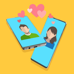Ilustration app for dating, virtual people & relationship or dating. female and man on a screen. love heart internet & in social media. choose your one tinder 