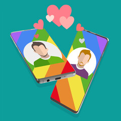 Two men using mobile application for dating or searching romantic partner on internet. Gay male couple met online. Mobile app templates concept  illustration flat design 