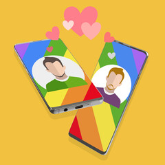 Two men using mobile application for dating or searching romantic partner on internet. Gay male couple met online. Mobile app templates concept  illustration flat design 