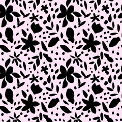 Black flowers on pink background seamless pattern. Summer botanical repeat print. Floral design for wallpaper, wrapping, fabric, textile, decoration.