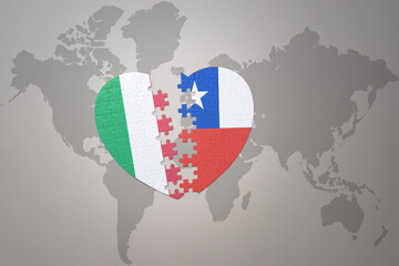 puzzle heart with the national flag of chile and italy on a world map background. Concept.