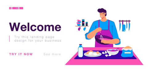 Male chef mixing flour and eggs for dough with whisk in hands. Happy man in apron preparing homemade sweet dessert at table of home kitchen flat vector illustration. Pastry, cooking recipe concept