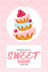 Bakery pink background. Colorful cake decorated with cherry