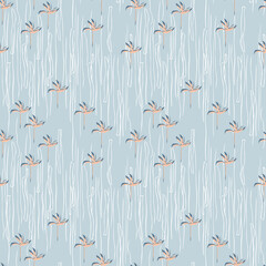 Vector seamless pattern. Simple background texture with creative leaves, palm silhouettes, sea, flower seeds, spots. Stylish design, blue, light blue, pink decor, wallpaper, fabric, textile, tile