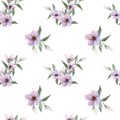 Seamless floral summer pattern bouquet of flowers with buds, blossom branches with green leaves. Hand drawn watercolor illustration on white background for texture, textile, fabric, print, wallpaper.