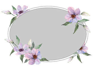 Oval flower frame. Purple clematis flowers in a spring bouquet. Hand drawn watercolor painting. Place for text gray background. Fashionable design for wedding invitations, greeting cards, print.