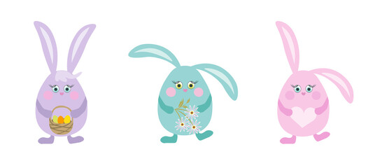 Funny cartoon bunny (rabbit). Vector illustration for the holiday of Easter. Set of flat hand drawn characters, animals isolated on white. Cheerful design for children, decoration, holiday cards, prin