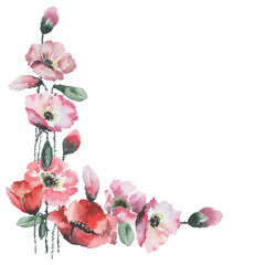 Floral corner frame. Ornament with pink flowers green leaves. Blooming meadow poppy flowers. Watercolor illustration hand drawn painting on white background for wedding invitations, cards, banner.