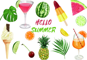 Set of summer vector illustrations isolated on white background. Ice cream cone, ice lolly, fruit slices, watermelon, pineapple, cocktails, monstera, palm leaf