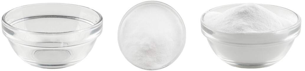 Soda in a glass bowl. Soda, flour, salt or sugar in a glass container. Two angles of a plate with white powder and an empty plate on a white background.