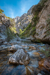 Vertical composition. River Cares. Cares trail landscape. Caín de Valdeón. Asturias Spain