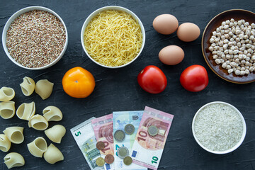 Concept of expensive food in Europe, specially EU. Euro currency and products on black background. 