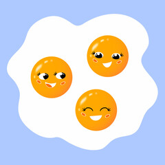 Fried eggs with three cheerful yolks. Funny vector illustration of food characters with big eyes and a smile. Healthy breakfast. Cartoon flat style. Baby Egg concept