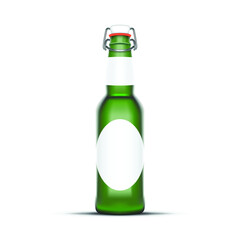 mock up of beer green bottle with a white label and a silver cap