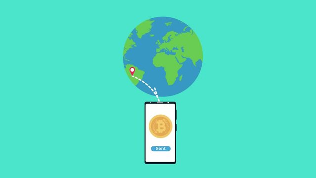Sending bitcoin to anywhere with a mobile phone 4K animation. Global business concept with a smartphone and golden bitcoin footage. Money transaction concept with world map and location pin animation.