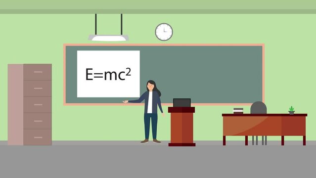 Female teacher giving physics lecture inside a classroom 4K animation. Teacher with a blackboard teaching physics 4K footage. Female flat character animation with a classroom interior.