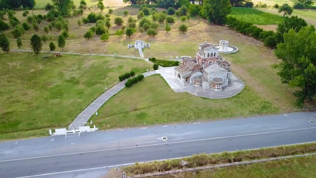 Aerial view of Ancient Mantineia ruins in Arcadia region in Greece