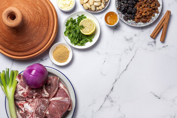 Raw ingredients and spices of traditional lamb stew or tagine