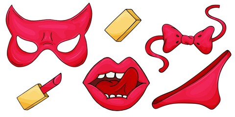 red panties, mask, lipstick, bow tie for sexy date, set of vector elements, freehand drawing with black outline