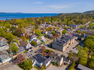 Bar Harbor historic town center aerial view on Main Street, Bar Harbor, Maine ME, USA. 