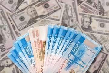 Russian rubles with  US dollars. Concept of exchange rate