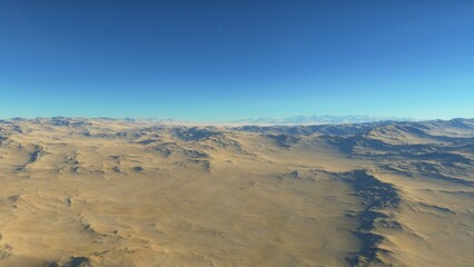 Mars like red planet, with arid landscape, rocky hills and mountains, for space exploration and science fiction backgrounds.
