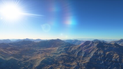 Fototapeta premium Mars like red planet, with arid landscape, rocky hills and mountains, for space exploration and science fiction backgrounds.