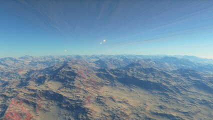Mars like red planet, with arid landscape, rocky hills and mountains, for space exploration and science fiction backgrounds.