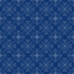 seamless white pattern on a blue background. Seamless pattern weaving, lace, oriental motifs Lace, knitting, geometry, background,