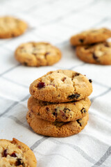Homemade White Chocolate Cranberry Cookies, low angle view.
