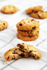 Homemade White Chocolate Cranberry Cookies, low angle view. Close-up.