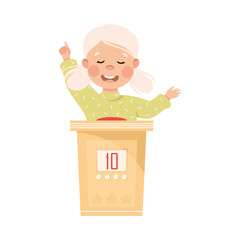 Little Girl Playing Quiz Game or Mind Sport Standing at Press Button Answering Question Vector Illustration