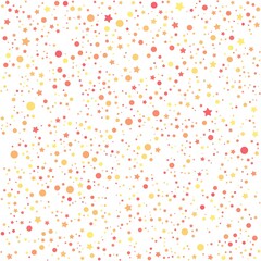 Pink, yellow, and orange stars and circles pattern on the white background. Vector illustration.